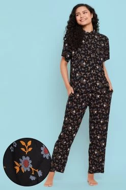 Pretty Florals Button Down Shirt & Pyjama Set In Black - Rayon