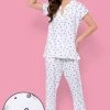 Pretty Florals Top & Pyjama Set In White - Rayon