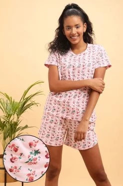 Pretty Florals Top & Shorts Set In Baby Pink - 100% Cotton