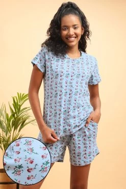 Pretty Florals Top & Shorts Set In Cornflower Blue - 100% Cotton
