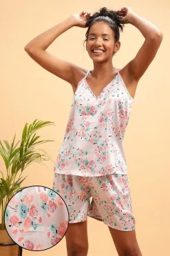Pretty Florals Top & Shorts Set In Light Grey - Satin