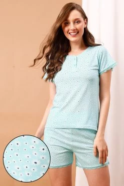 Pretty Florals Button Down Top & Shorts Set In Sky Blue - Modal