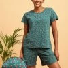Pretty Florals Top & Shorts Set In Teal Blue - 100% Cotton