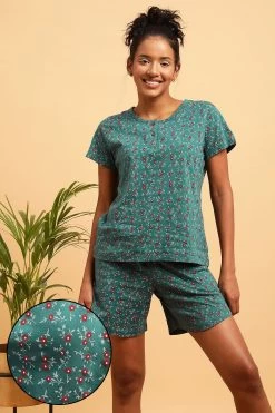 Pretty Florals Top & Shorts Set In Teal Blue - 100% Cotton