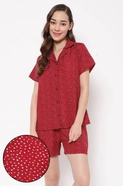 Print Me Pretty Button Down Shirt & Shorts Set In Red - Rayon