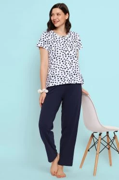 Print Me Pretty Top In White & Chic Basic Pyjama In Navy - 100% Cotton