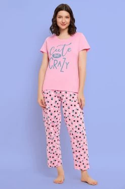 Print Me Pretty Top & Pyjama Set In Baby Pink - 100% Cotton
