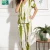 Tie-Dye Print Top & Pyjama Set In Olive Green - Rayon