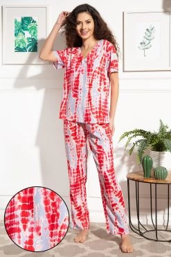 Tie-Dye Print Top & Pyjama Set In Pink - Rayon