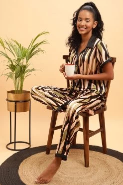 Button Down Sassy Stripes Shirt & Pyjama Set In Black - Satin