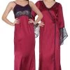 Long Night Dress & Full Sleeves Robe Set In Wine- Satin