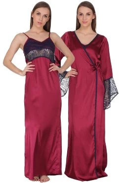 Long Night Dress & Full Sleeves Robe Set In Wine- Satin