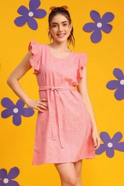 Embroidered Short Night Dress In Pink - Rayon