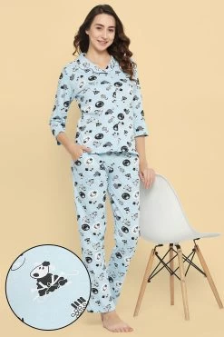 Sheep Print Button Down Shirt & Pyjama Set In Baby Blue - 100% Cotton