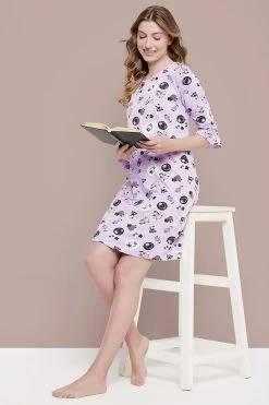 Sheep Print Short Night Dress In Lavender - 100% Cotton