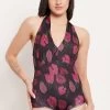 Padded Halter Neck Leaf Print Monokini In Black