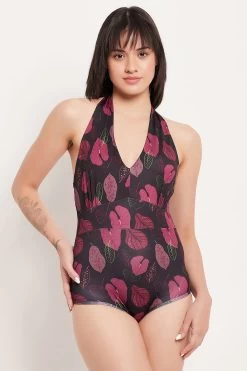 Padded Halter Neck Leaf Print Monokini In Black