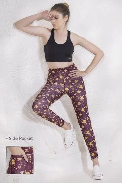 Ankle-Length High-Rise Active Floral Print Tights In Plum With Side Pocket