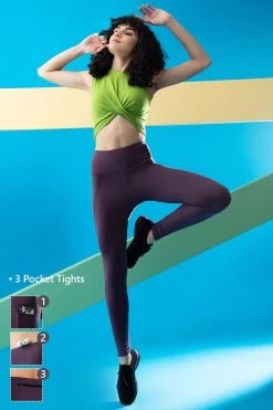 Ankle-Length High-Rise Active Tights In Plum Colour With Side Pockets
