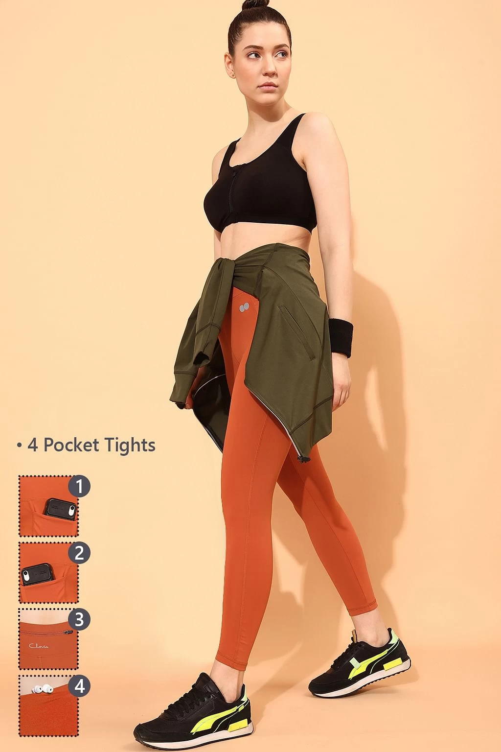 Snug-Fit High-Rise 4 Pocket Active Tights In Orange