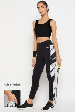 High-Rise Active Tights In Black With Side Panels With Side Pocket