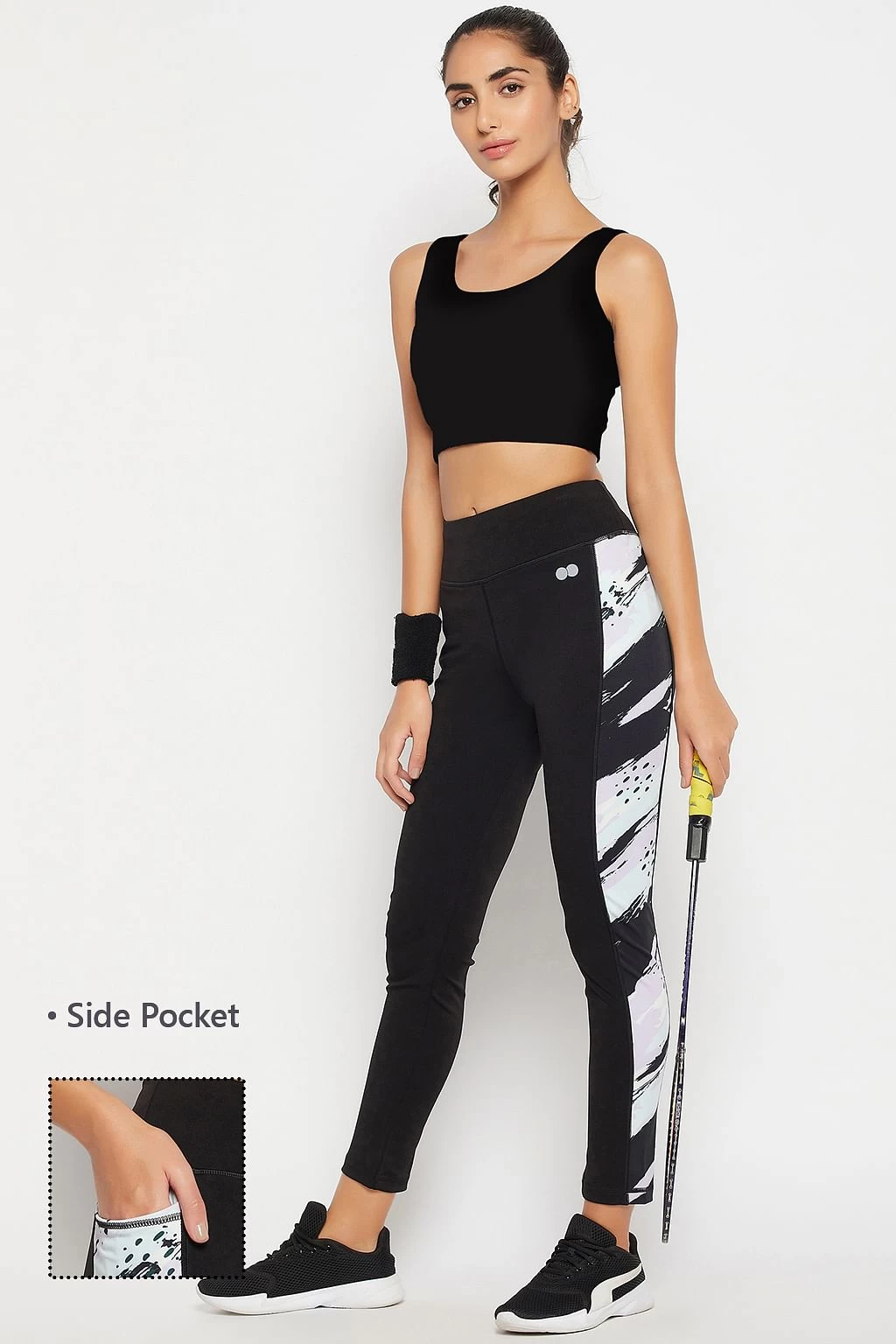 High-Rise Active Tights In Black With Side Panels With Side Pocket