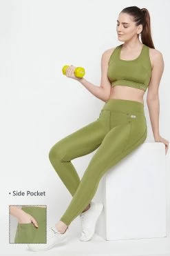 High-Rise Active Tights In Olive Green With Side Pocket