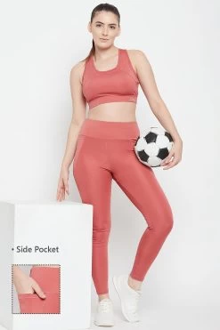 High Waist Active Tights In Salmon Pink With Side Pocket