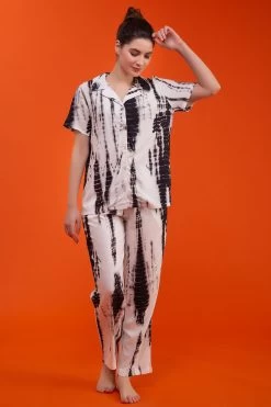 Tie-Dye Print Button Down Shirt & Pyjama Set In Dark Grey - Rayon