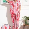 Tie-Dye Print Button Down Shirt & Pyjama Set In Dark Pink - Rayon