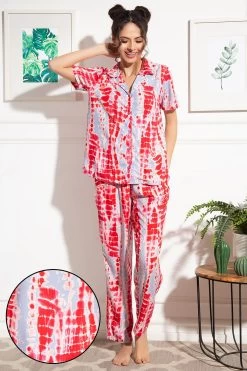 Tie-Dye Print Button Down Shirt & Pyjama Set In Dark Pink - Rayon