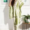 Tie-Dye Print Kaftan Top & Pyjama Set In Olive Green - Rayon