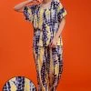 Tie-Dye Print Top & Pyjama Set In Navy Blue - Rayon
