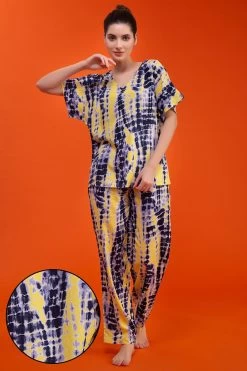 Tie-Dye Print Top & Pyjama Set In Navy Blue - Rayon