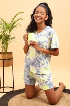 Tie-Dye Print Drop Shoulder T-shirt & Shorts Set In Sky Blue - 100% Cotton
