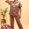 Y2K Print Button Down Shirt & Pyjama Set In Multicolour - Satin