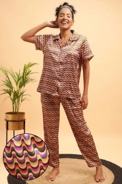 Y2K Print Button Down Shirt & Pyjama Set In Multicolour - Satin