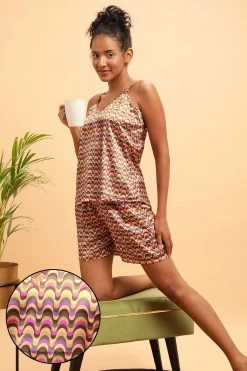 Y2K Print Top & Shorts Set In Multicolour - Satin